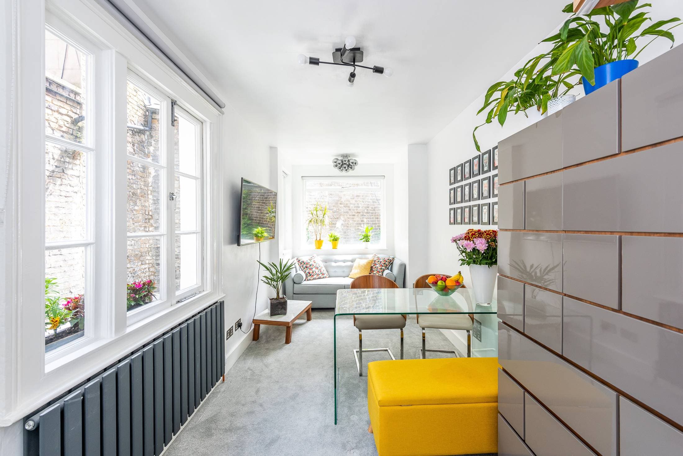 Bright open-plan living room with large windows facing the back garden, Pimlico